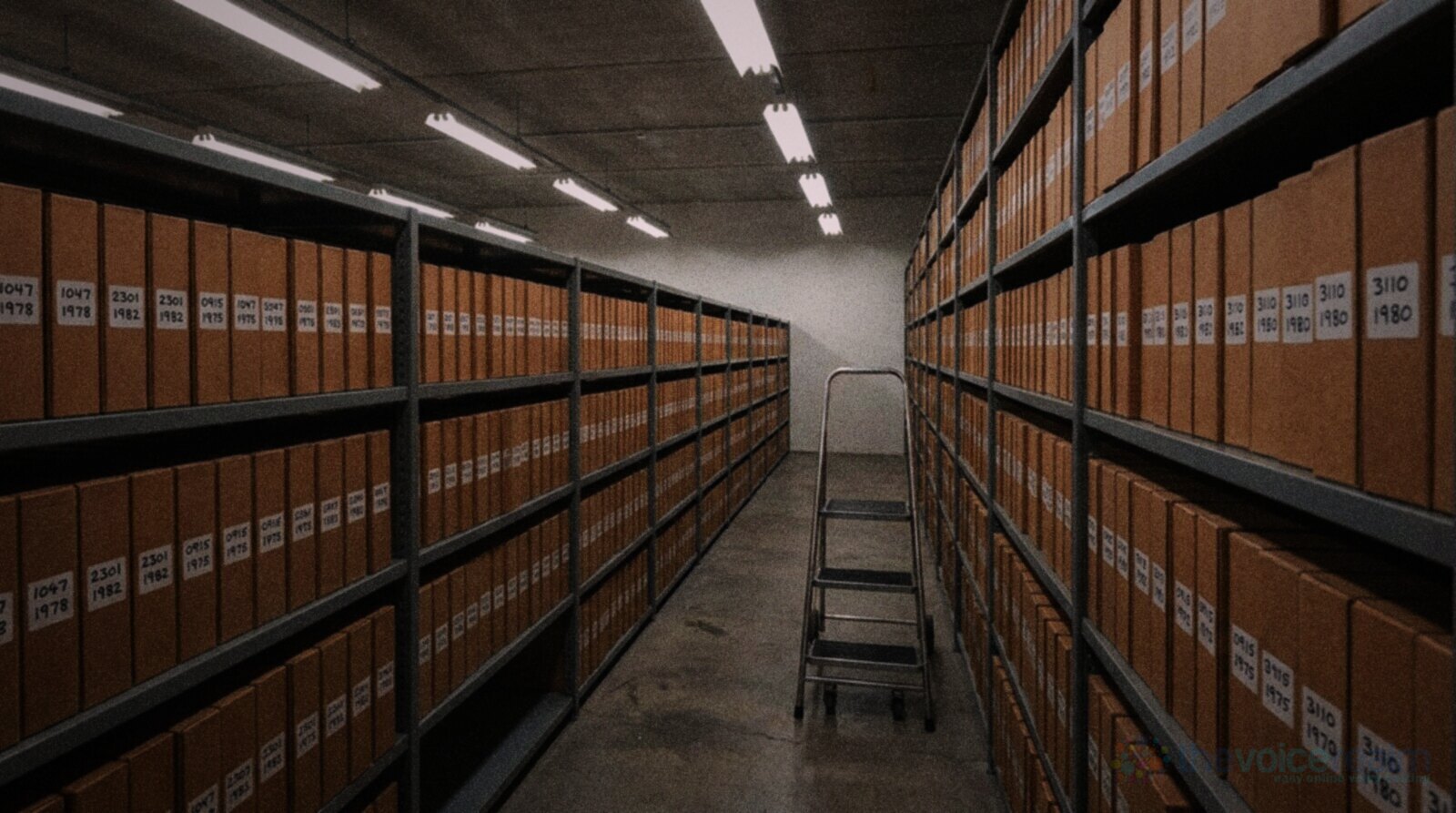 A sound archive storeroom lit by strip lights, long grey steel shelves packed with brown boxes of quarter inch reel to reel tape, each box labelled with a reel number and a year, a step stool in the aisle, in punchy grainy film colours © The Voice Realm