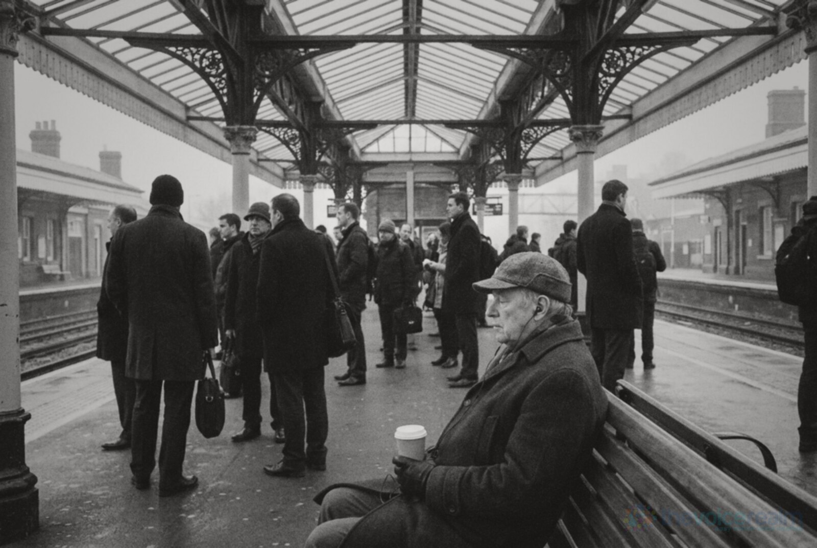 Black and white photo of commuters in wool coats on a Victorian railway platform under an ornate iron and glass canopy, an older man on a bench listening on wired earphones with a takeaway tea © The Voice Realm