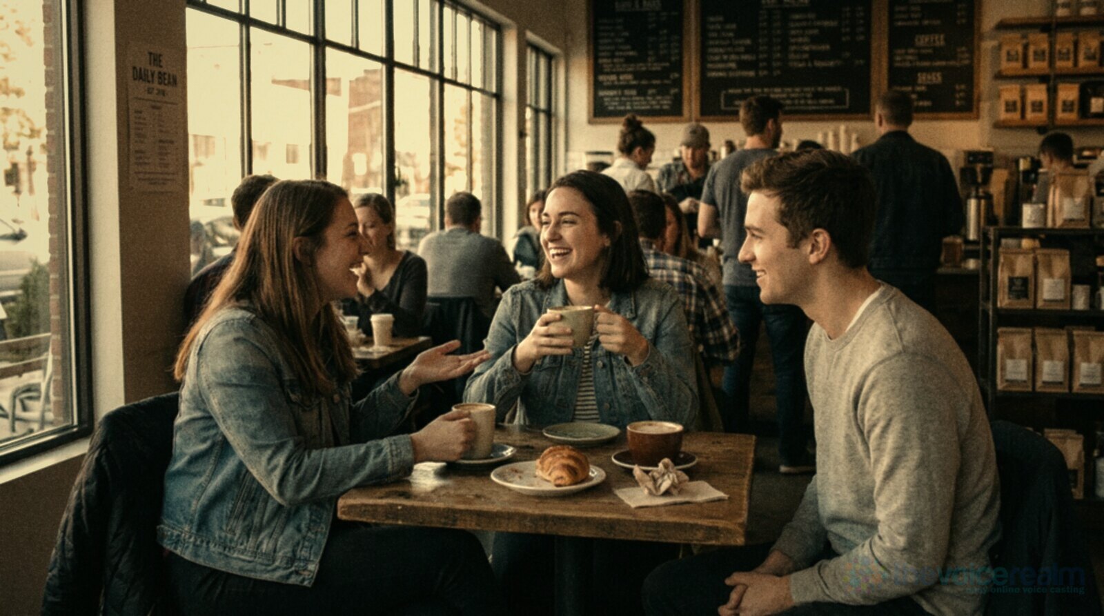 Three friends in their twenties talking and laughing at a small wooden table in a busy cafe, coffee cups and a croissant between them © The Voice Realm