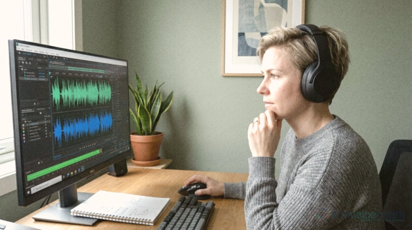 A woman with short blonde hair wearing headphones at a desk, studying an audio waveform on a large monitor with her chin resting on her hand © The Voice Realm