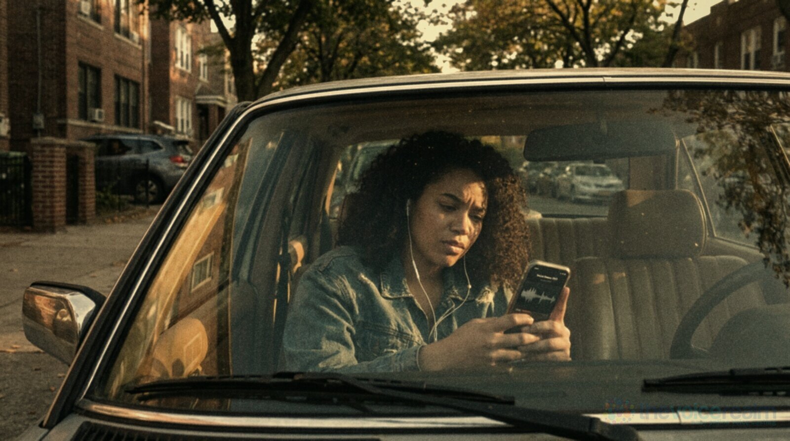 A young woman with curly hair and a denim jacket sitting in a parked car on a tree lined street, listening back to a voice memo on her phone through wired earbuds with a doubtful frown © The Voice Realm