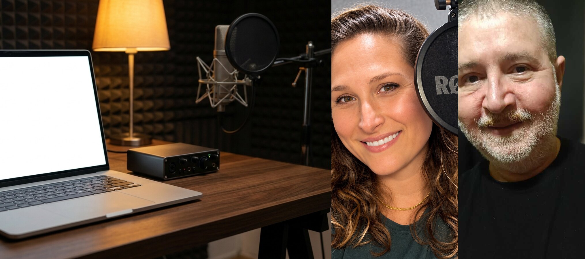 A studio microphone, Alexandra McTavish in her Brisbane booth and Xavi Parellada in his studio in Spain. Image: Alexandra McTavish and Xavi Parellada