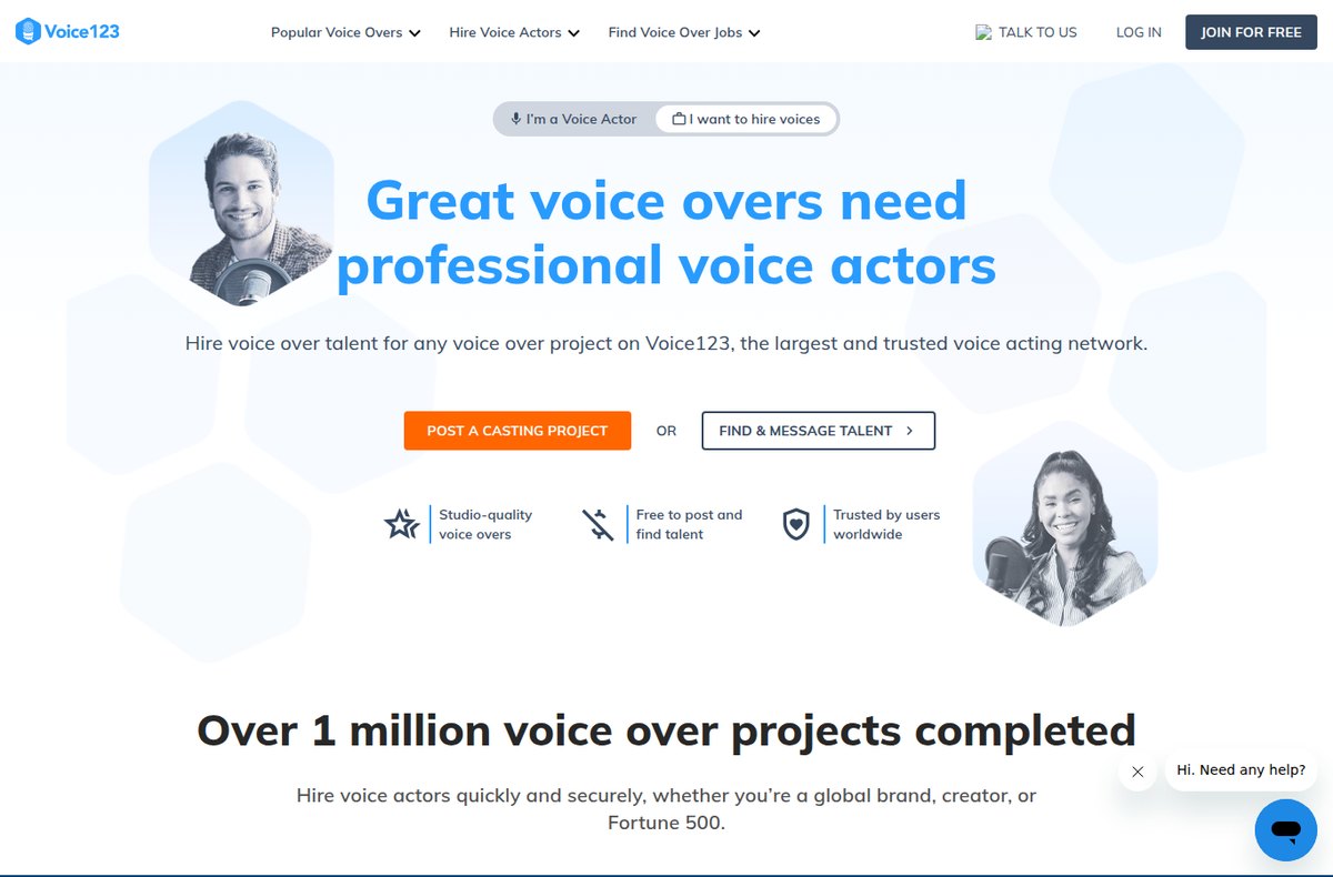 Screenshot of the Voice123 homepage in September 2026, with the headline Great voice overs need professional voice actors and a Join for free button. Screenshot: Internet Archive