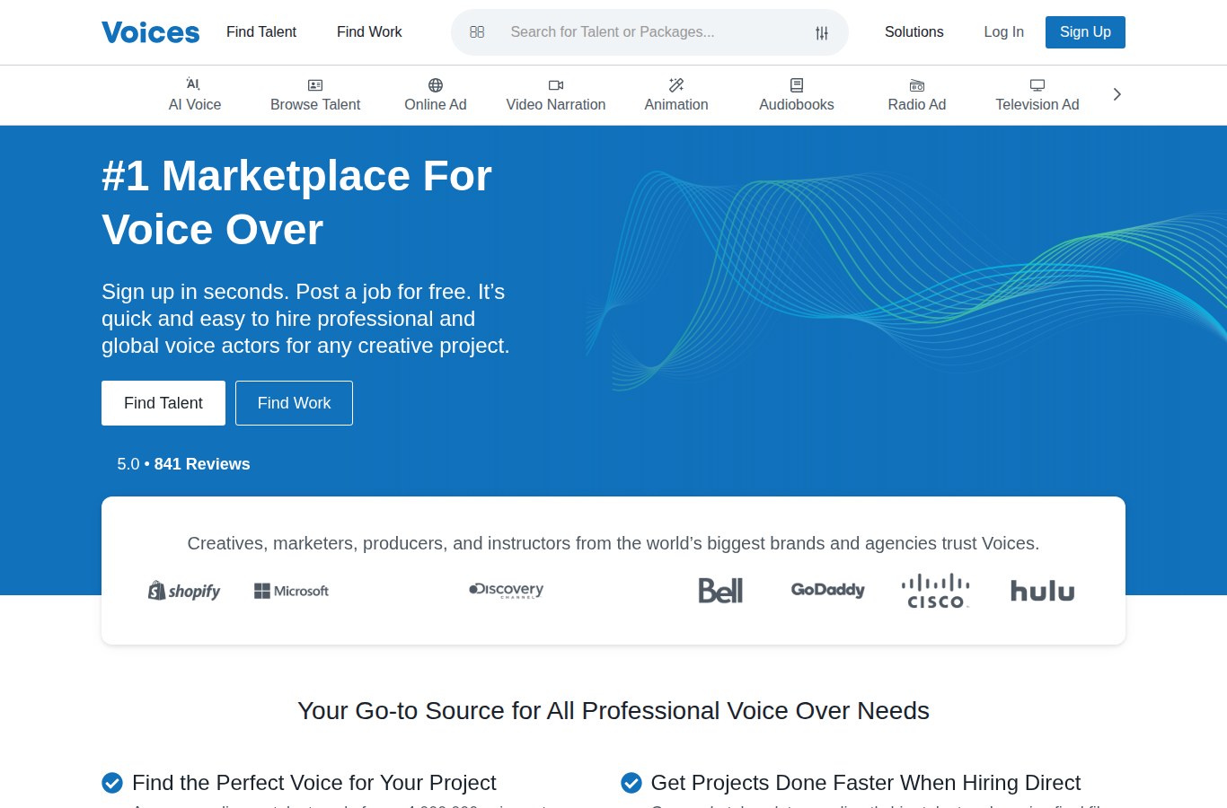 Screenshot of the voices.com homepage in October 2024, headlined #1 Marketplace For Voice Over, with Find Talent and Find Work buttons. Screenshot: Internet Archive