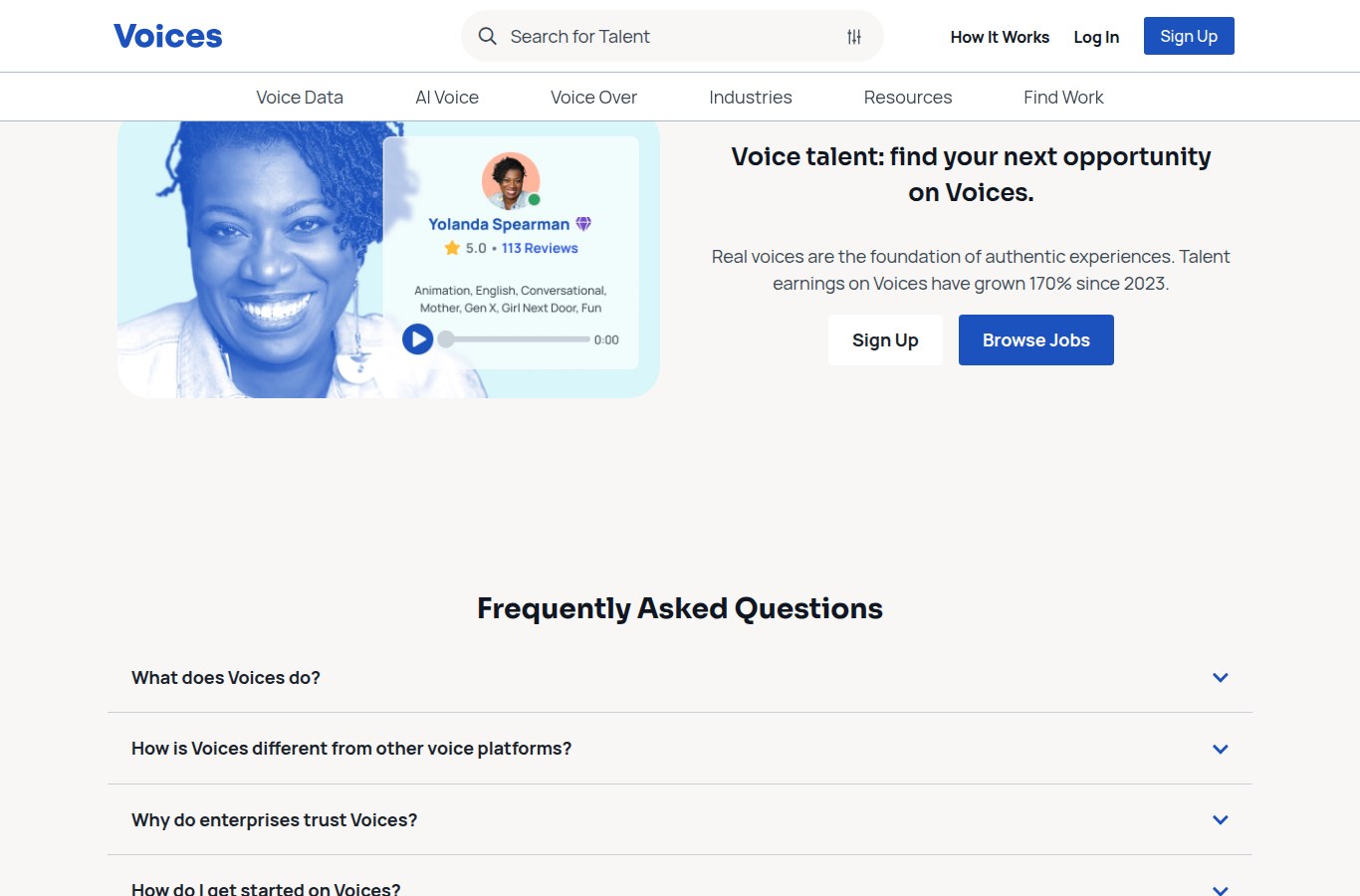 Screenshot of the section near the bottom of the voices.com homepage on 1 October 2026, headed Voice talent: find your next opportunity on Voices, with one example profile card. Screenshot: voices.com