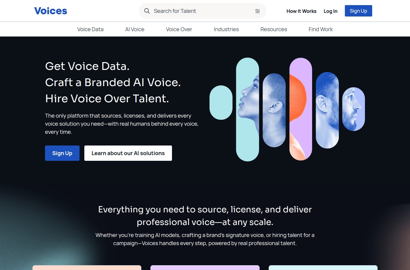 Screenshot of the voices.com homepage on 1 October 2026, headlined Get Voice Data. Craft a Branded AI Voice. Hire Voice Over Talent., with Sign Up and Learn about our AI solutions buttons. Screenshot: voices.com