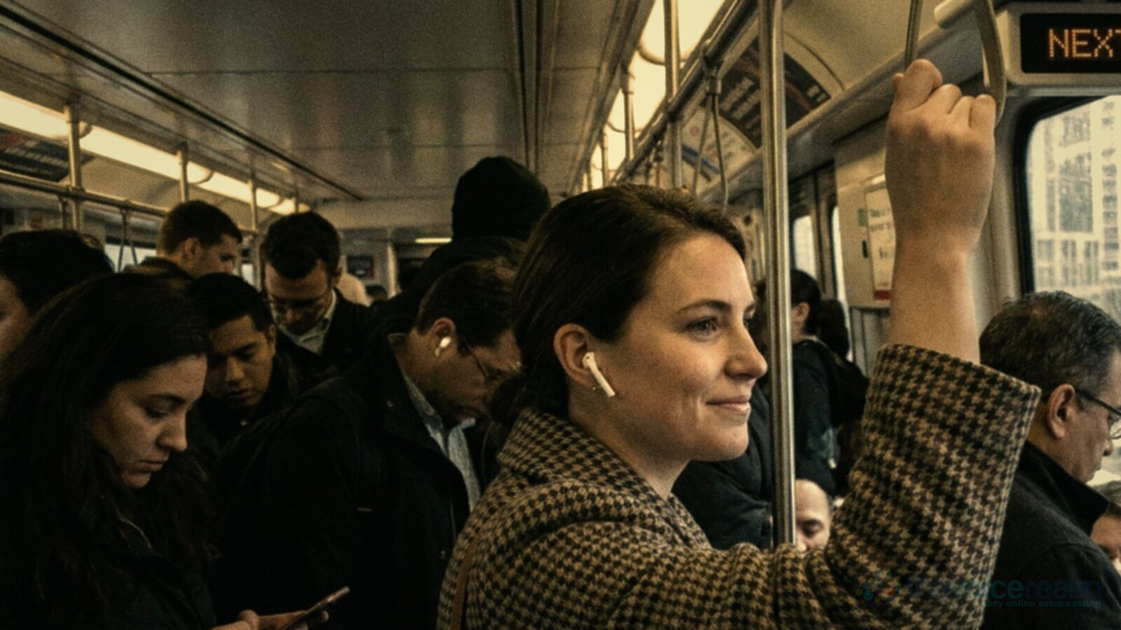 A woman in a houndstooth coat holds the rail on a crowded morning train, a white wireless earbud in her ear, half smiling at something she is listening to as the city passes the rainy window, in soft faded film colours © The Voice Realm