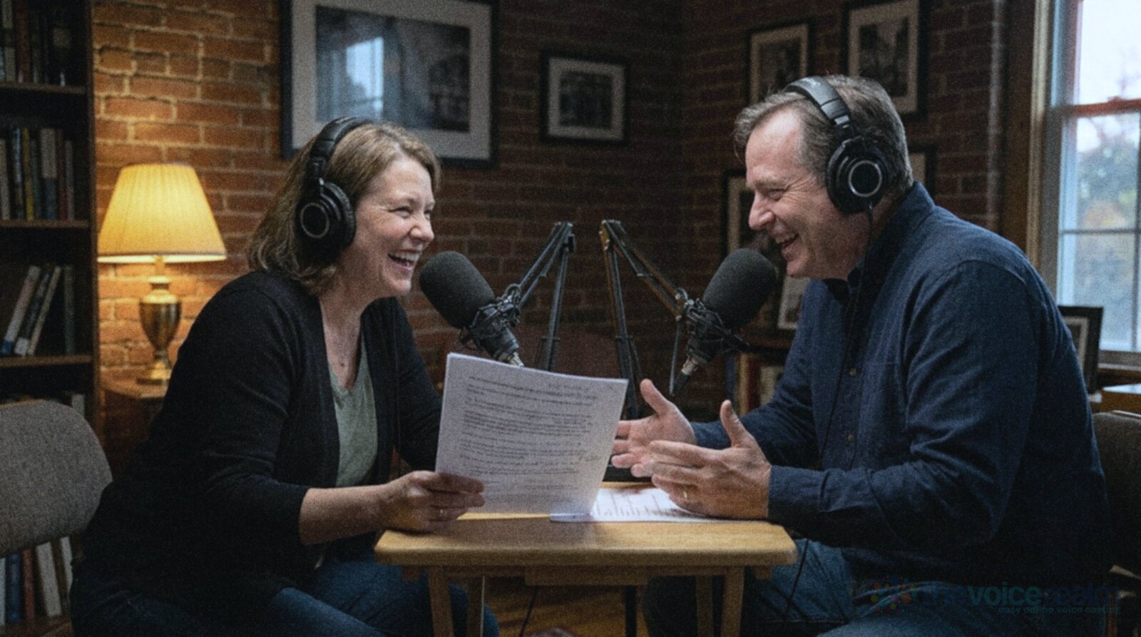 Two podcast hosts in headphones laugh across a small wooden table in a brick walled room, each at a microphone on a desk arm, one holding a printed page of notes, lit by a warm lamp © The Voice Realm