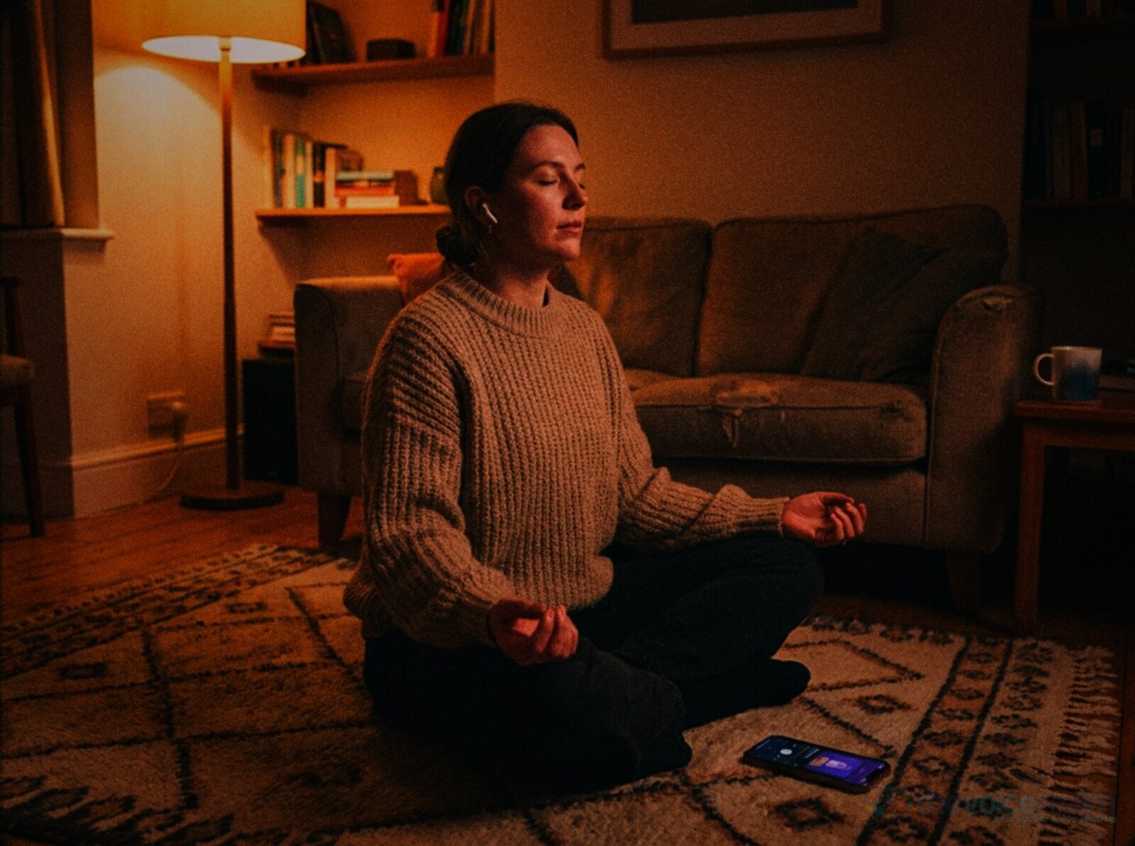 A woman in a chunky jumper sits cross-legged on a living room rug in the evening with her eyes closed and wireless earbuds in, a phone on the rug beside her, in warm lamp light © The Voice Realm