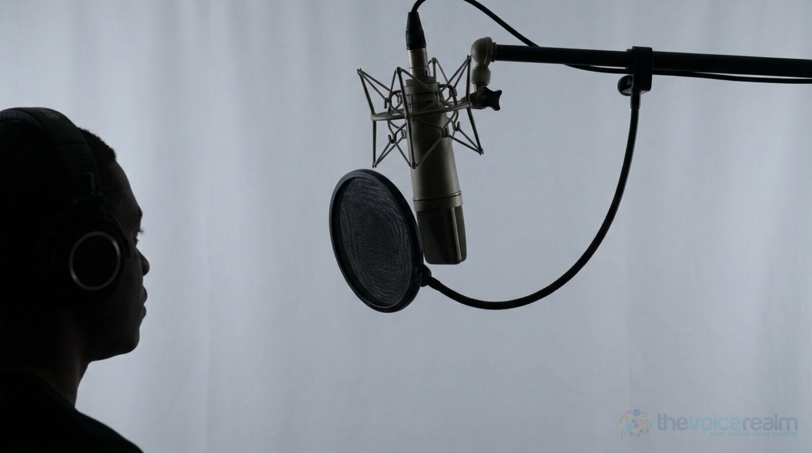 Side view of a voice actor in silhouette facing a condenser microphone on a boom arm, the capsule a little above mouth height with a round pop filter in between. Overlay: the mouth to mic distance of 6 to 12 inches, the aim line between nose and mouth, and the path of the breath passing under the capsule. © The Voice Realm
