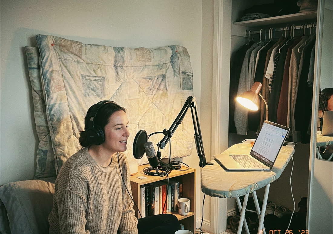 A woman recording voiceover in a converted wardrobe at home
