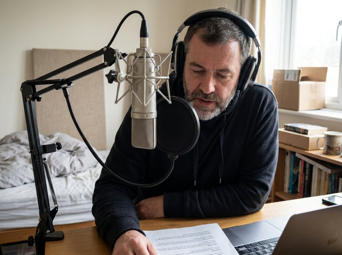 A man recording voiceover at a desk in a spare bedroom