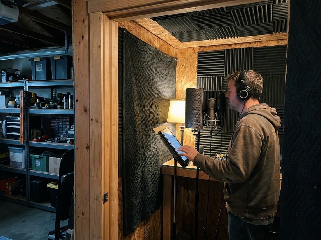 A voice actor recording inside a small booth built in a garage