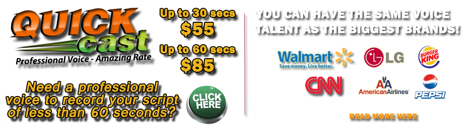 Professional Voice Talent.
  The Voice Realm is a voice over talent directory and faster way to find and hire a voice over talent for your next project. Forget about auditions that take a few days or a week.
  Once you decide on which voiceover actor is best for your script, the talent is immediately advised so they can get to work on it straight away.
  All voice artists are of the highest calibre, so you can be assured you will be working with professional voice talent that is ready to work with you. Fast Voice Casting is the smarter way to ensure the voice over recording project is completed on time, within budget and exactly the voice over talent you want.
  Head on over to the Voice Gallery and find the perfect & affordable voice for your script. Free voice auditions and no agency fees. Voice over talent are used in an array of applications such as iPhone apps. on-hold and voicemail messages, advertising, how to and instructional videos. corporate narrations, presentations, voice prompts, video games. radio tv commercials, training videos, documentaries, corporate presentations, industrials. audio books, sweepers, liners, promos, and ID's and thousands of other uses.
