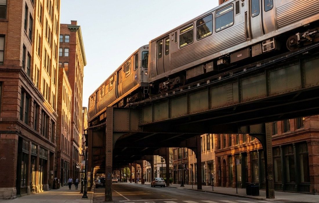 A CTA L train crossing above a street in the Loop on the elevated steel tracks, late afternoon light on the brick buildings