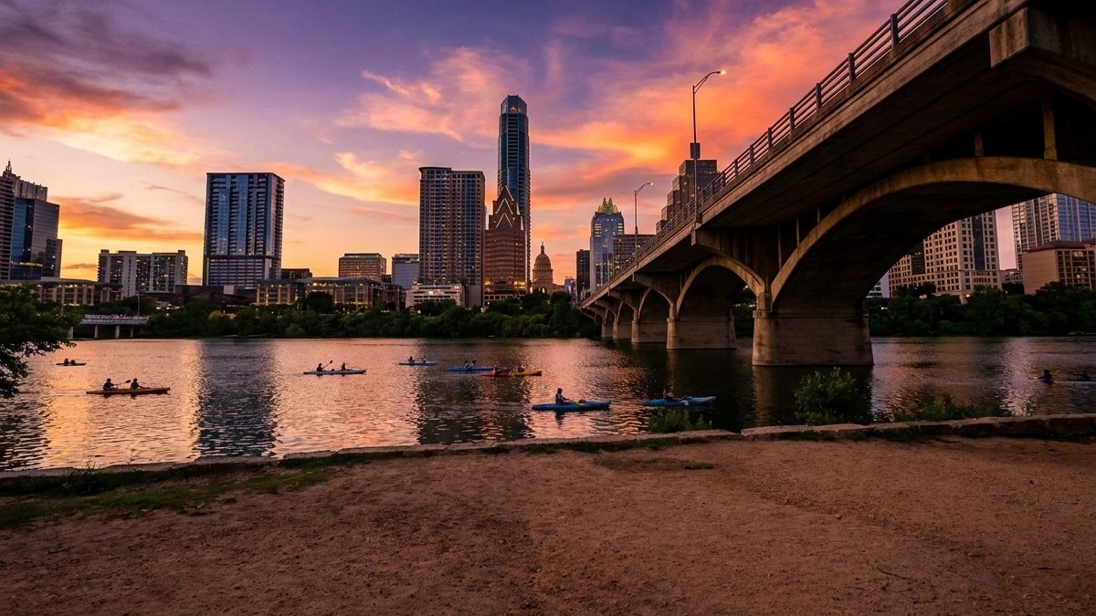 Bats over the Congress Avenue Bridge at sunset above the words Austin voice over talent