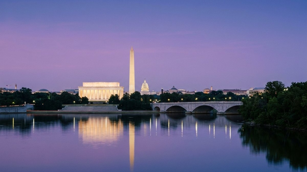 The flag of Washington DC, three stars over two bars, with the Washington Monument, above the words Washington DC voice over talent
