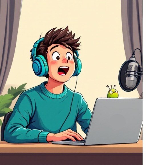 A voice actor at a laptop spots a bug crawling on the desk
