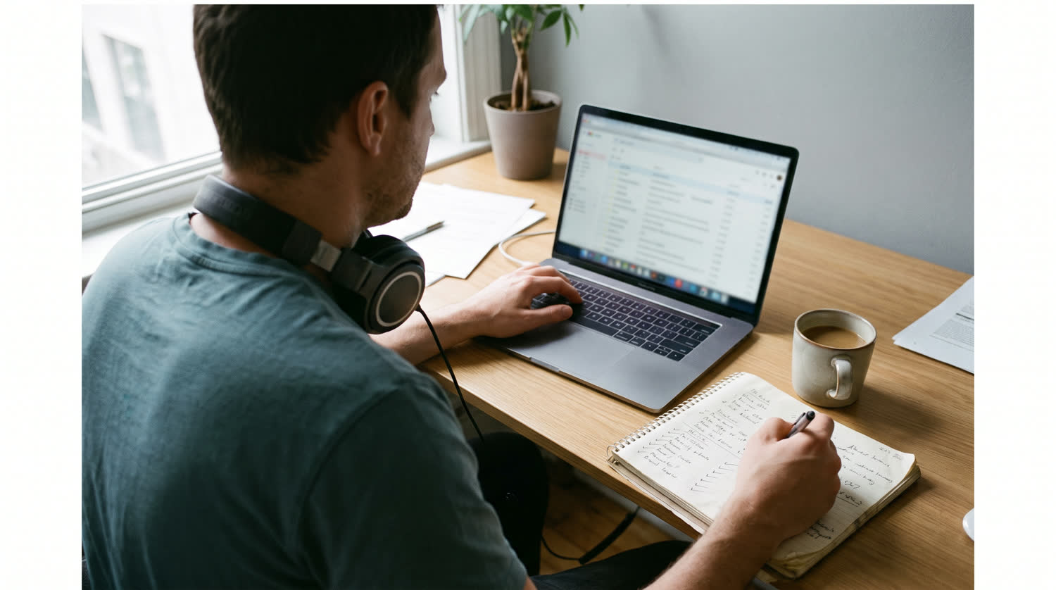 A producer at a desk reviewing voice over auditions with headphones and a shortlist