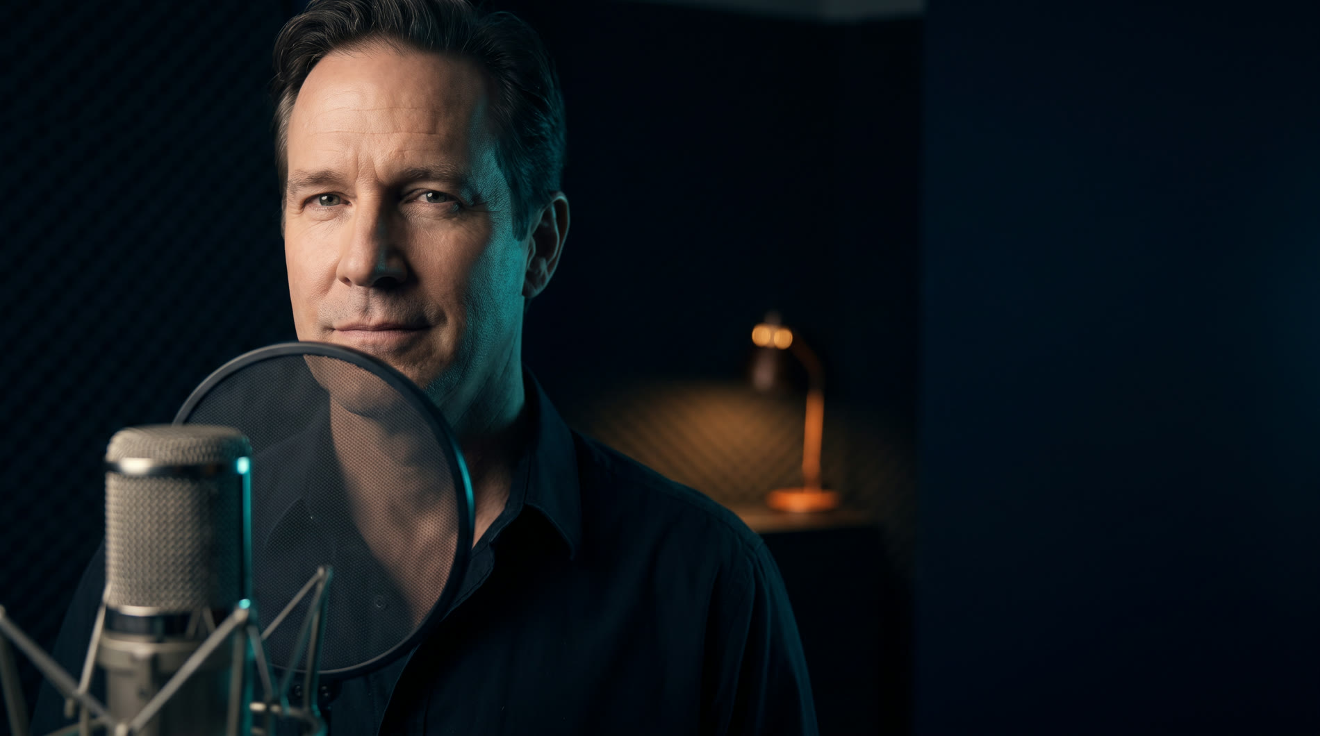 A professional voice actor standing at a studio microphone behind a pop filter in a sound treated booth