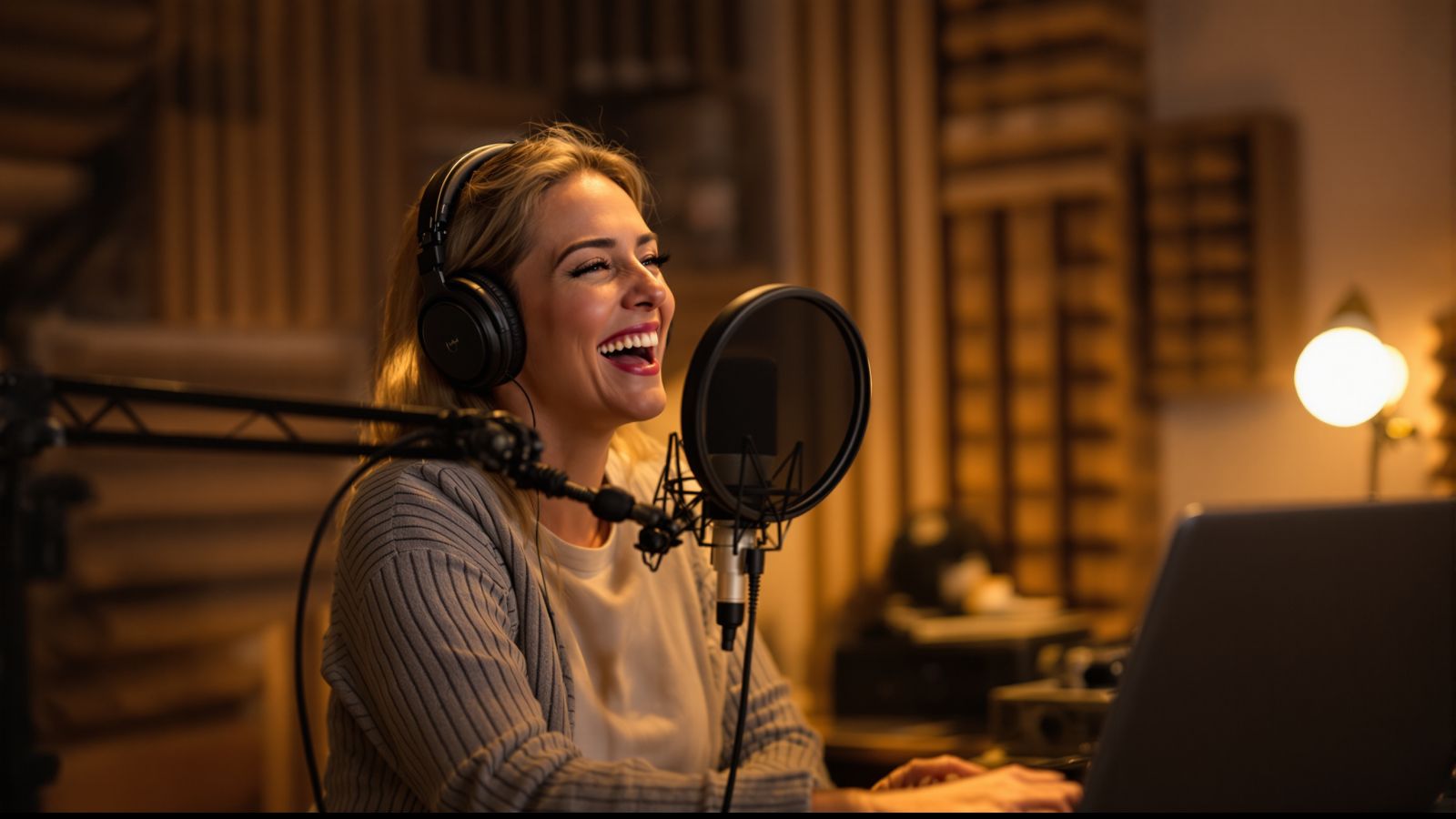 A voice actor laughing between takes in her home recording booth