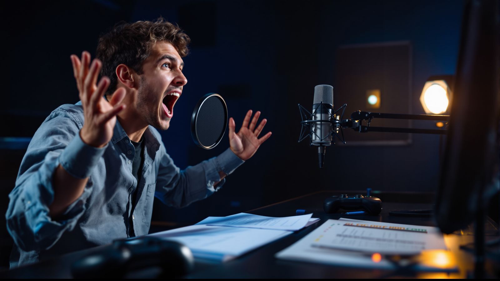A voice actor shouting a game character's line with both arms raised