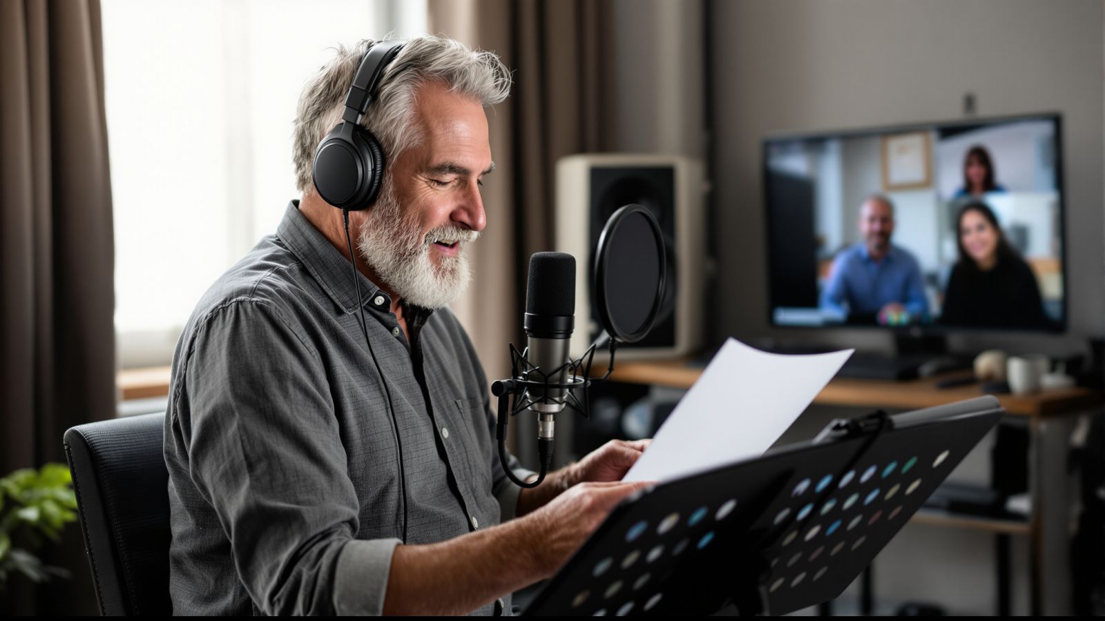 A voice actor reading a script while a director listens in over a video call