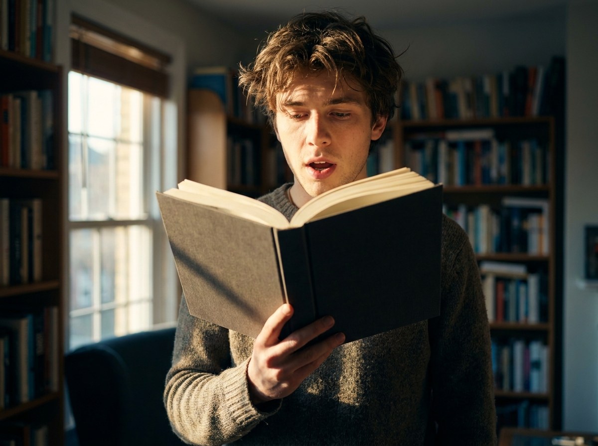 A young man standing by a bookshelf reading aloud from a hardback book in the morning light