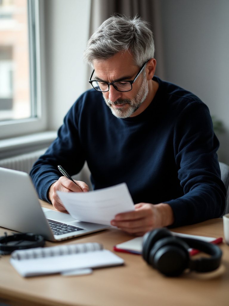 A translator working through a printed script at a desk