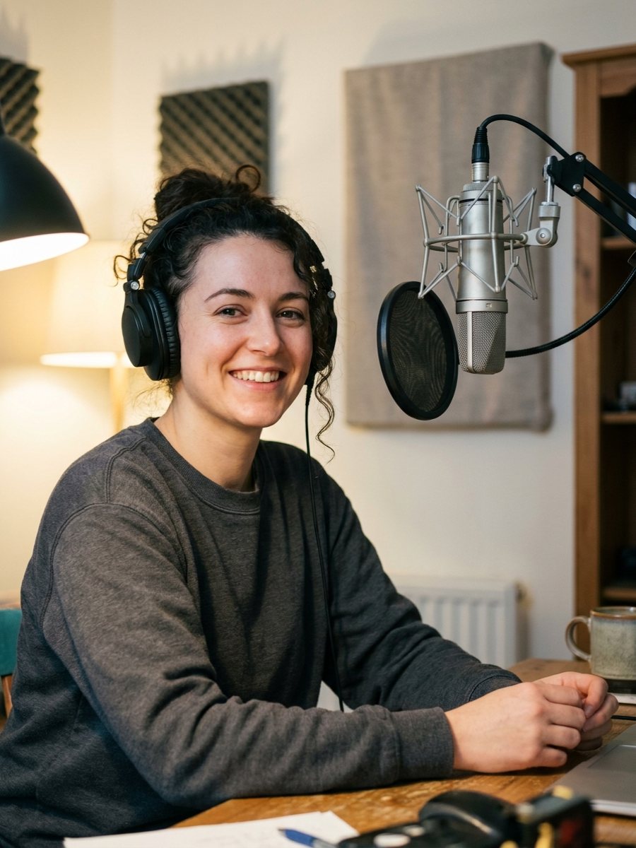 A voice actor in headphones smiling at the microphone in her home studio