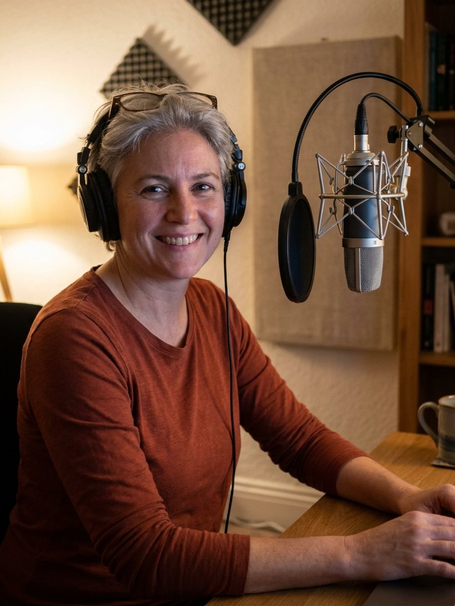 A voice actor in headphones smiling at the microphone in her home studio