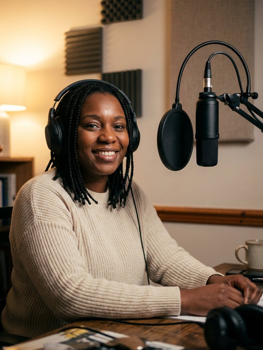 A voice actor in headphones smiling at the microphone in her home studio