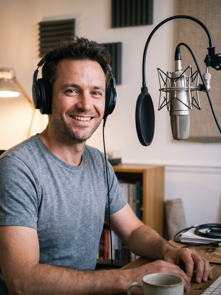 A voice actor in headphones smiling at the microphone in his home studio