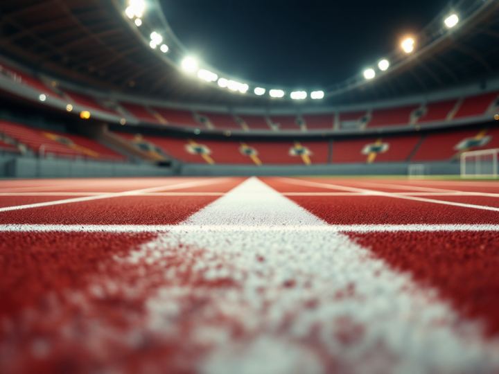 Energetic voice tone: a running track under stadium lights