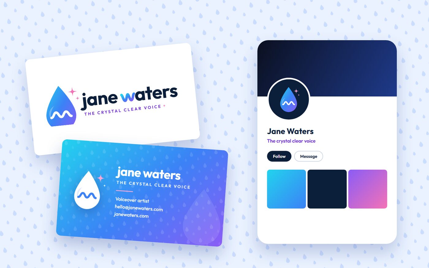 Jane Waters brand on business cards and a social profile